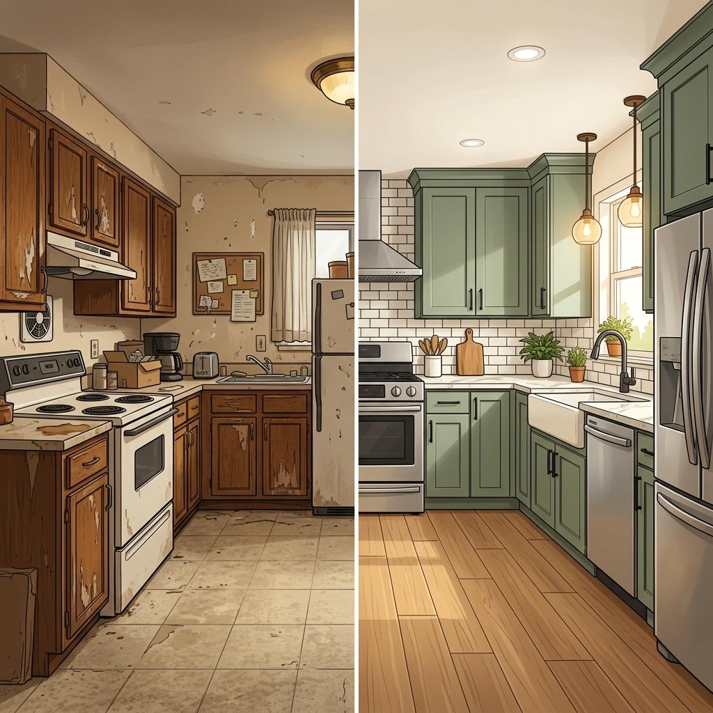 Before and after kitchen renovation for a house flip