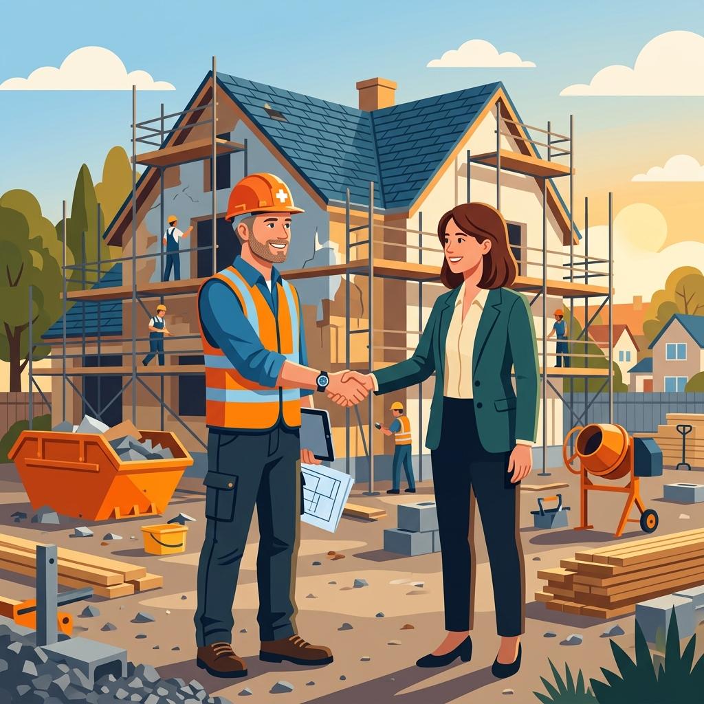 Investor and contractor shaking hands at renovation site